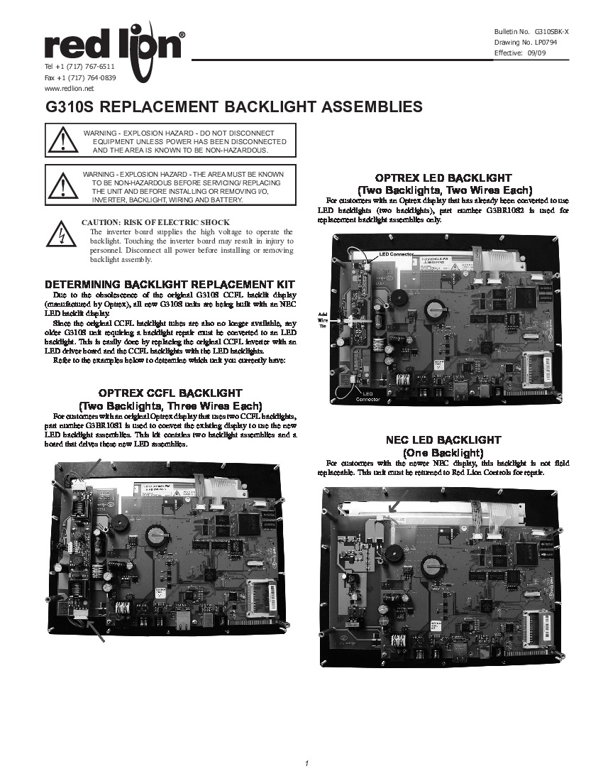 First Page Image of G310S000 Red Lion - G310S REPLACEMENT BACKLIGHT ASSEMBLIES Manual G310SBK-X.pdf